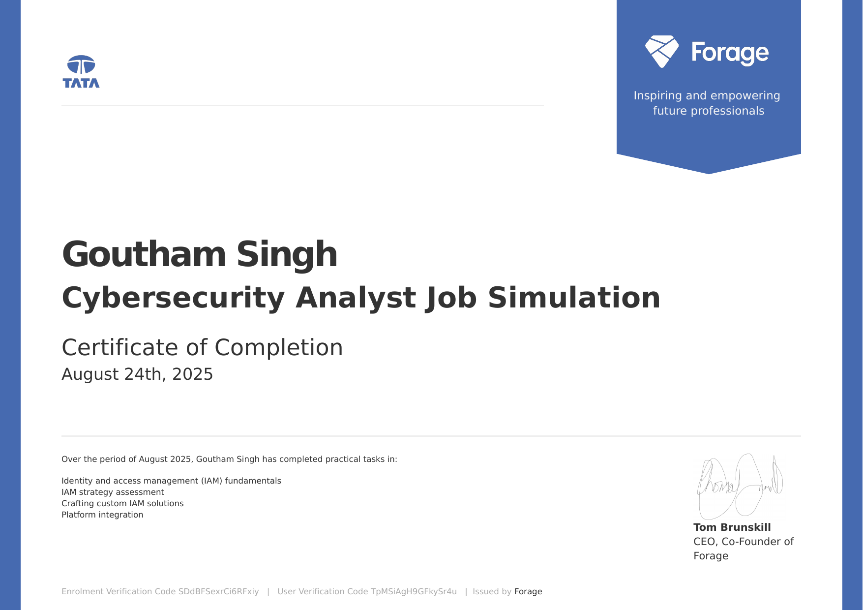 Cybersecurity Analyst Job Simulation certificate